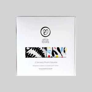 Sensory organic muslin gift set of 2 shown in presentation box. Etta Loves. 