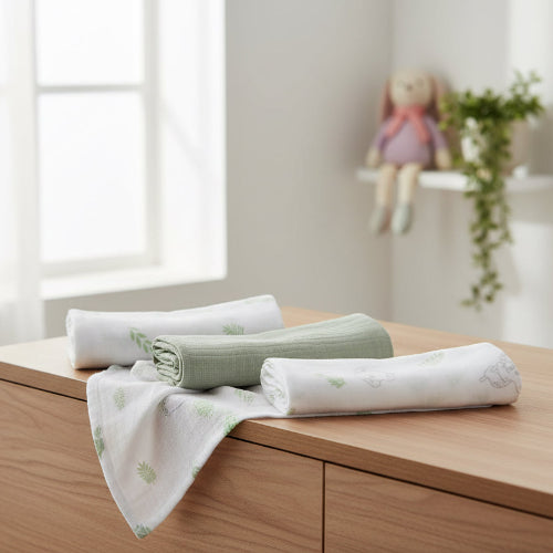 Set of 3 Woven Cotton Muslin Squares  Sage Green | 70x70cm Muslins.