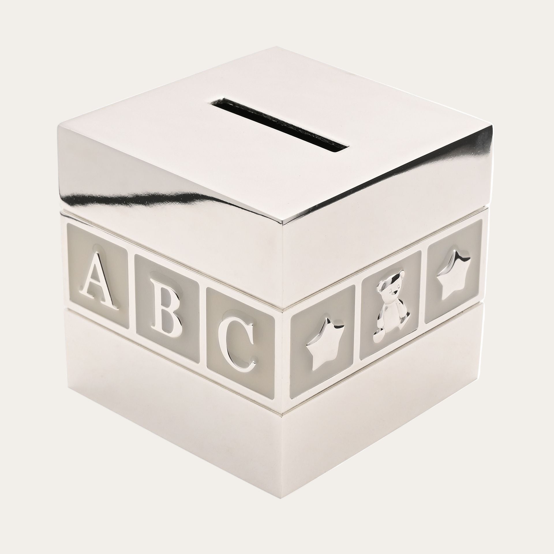 Silver-plated baby money box cube with ABC and 123 design