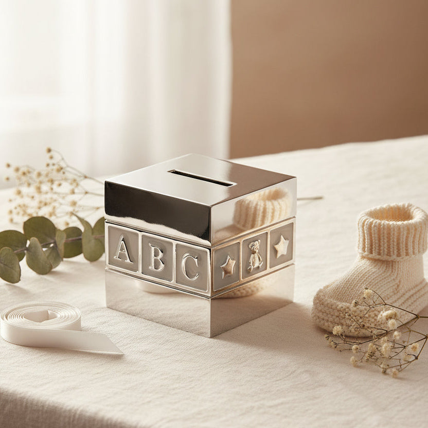 Silver-plated baby money box cube with ABC and 123 design