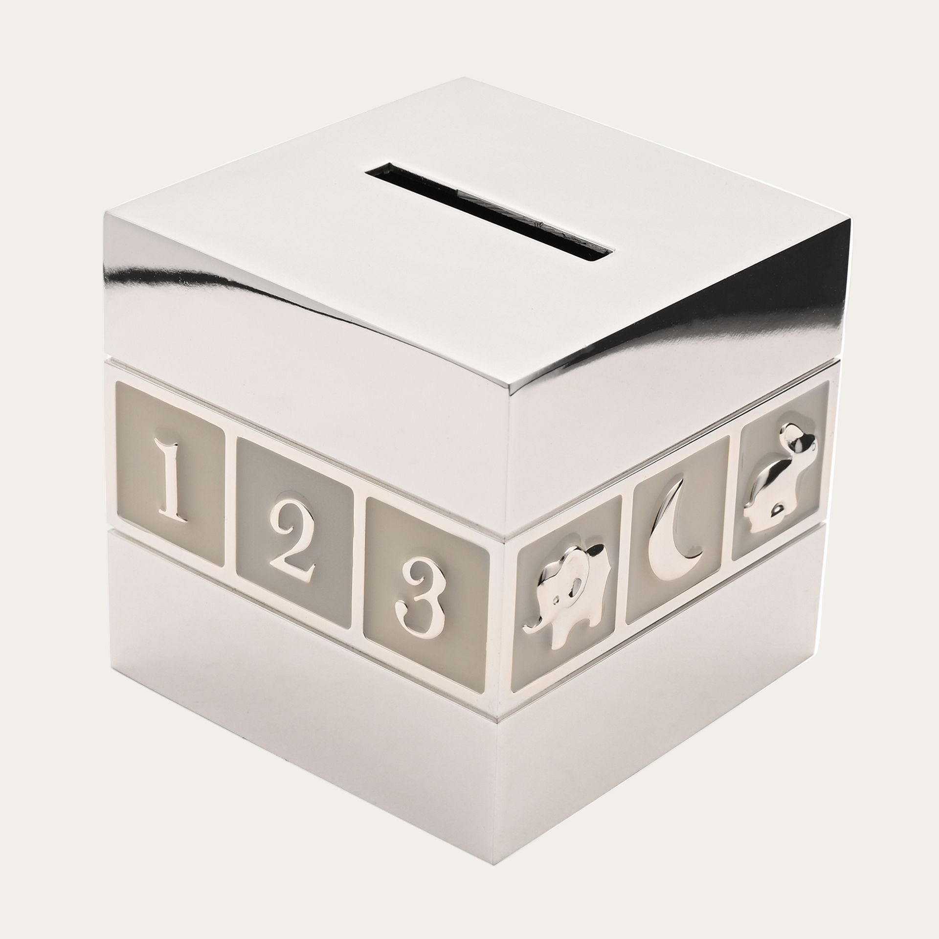 Baby saving cube money box with raised numbers and stars