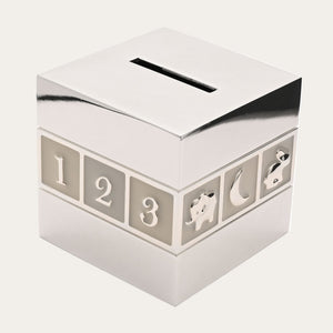Baby saving cube money box with raised numbers and stars