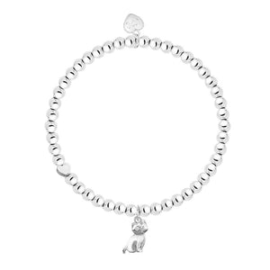 Silver-plated beaded stretch bracelet with a seated cat charm and small heart detail on a white background.