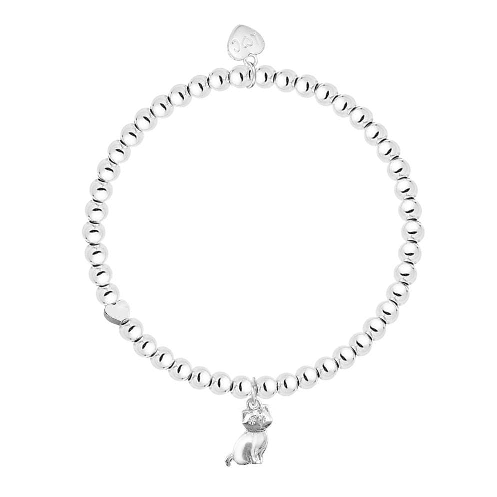 Silver-plated beaded stretch bracelet with a seated cat charm and small heart detail on a white background.