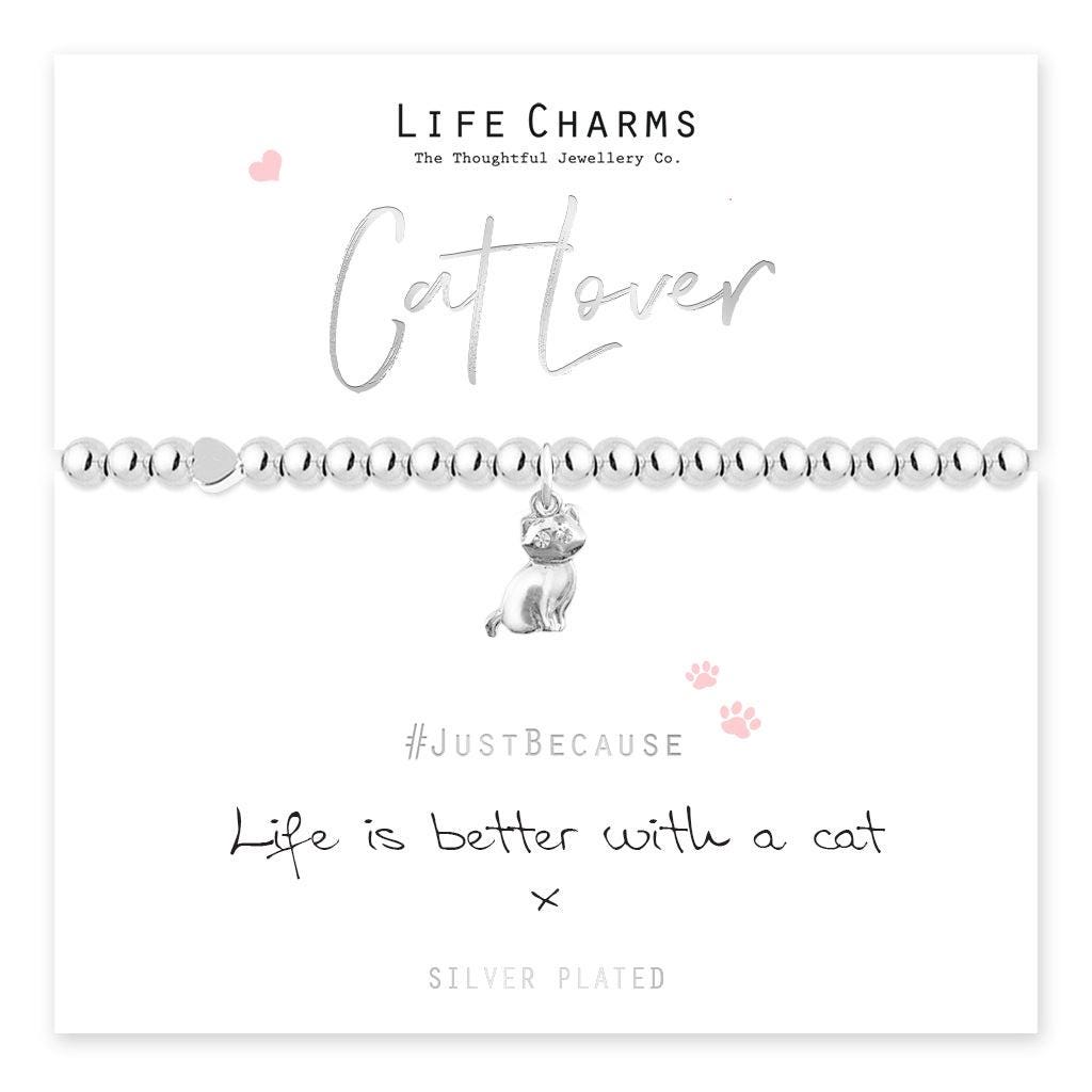 Silver-plated Cat Lover beaded bracelet with a seated cat charm on its Life is better with a cat card.