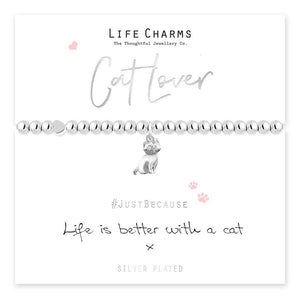Silver-plated Cat Lover beaded bracelet with a seated cat charm on its Life is better with a cat card.