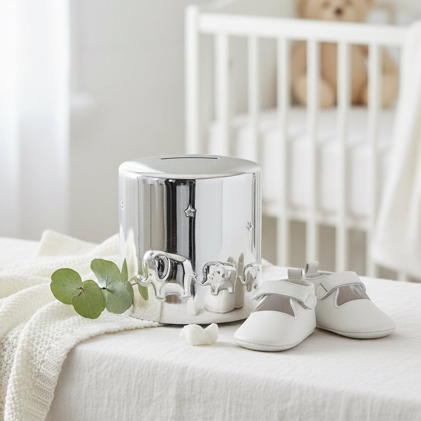 Silver elephant baby money box keepsake gift