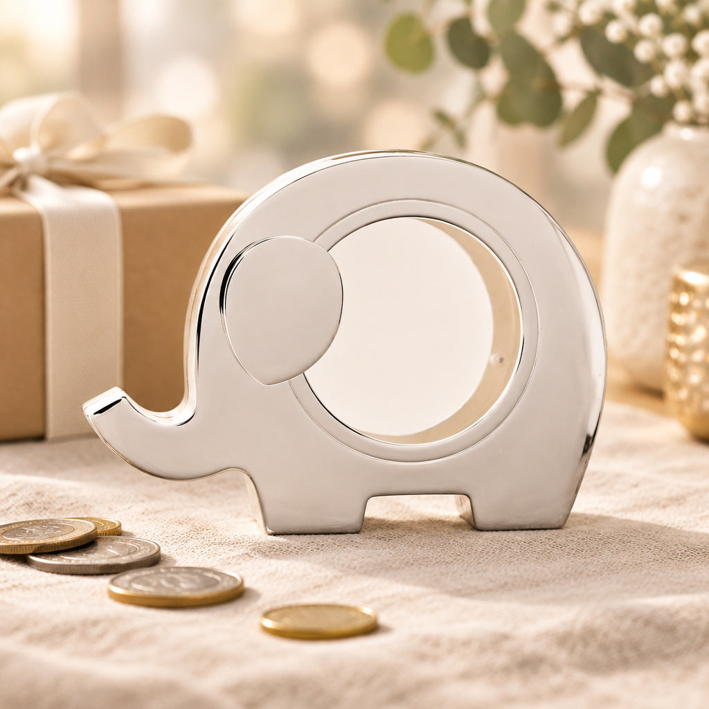 Silver plated elephant baby money box with clear window design