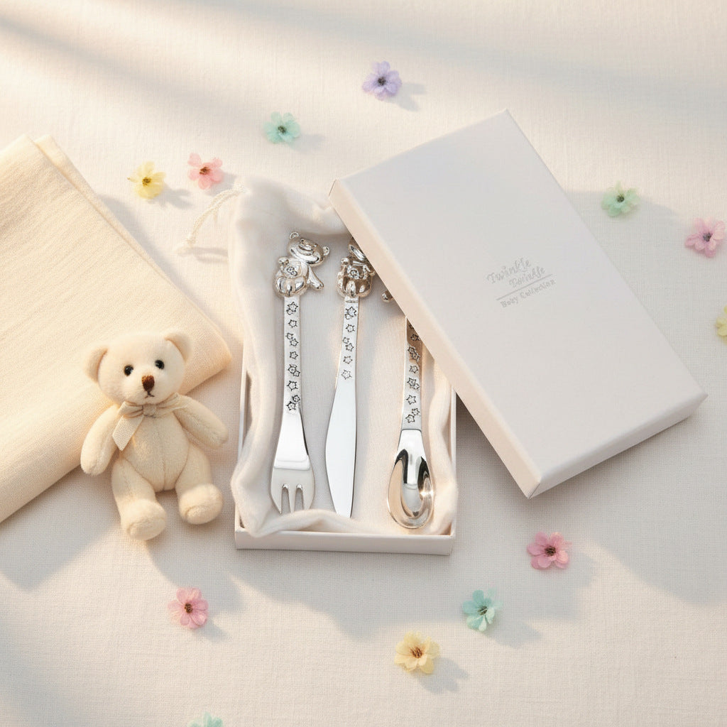 Silver plated teddy Baby Cutlery Set with fork, blunt knife and spoon in gift box
