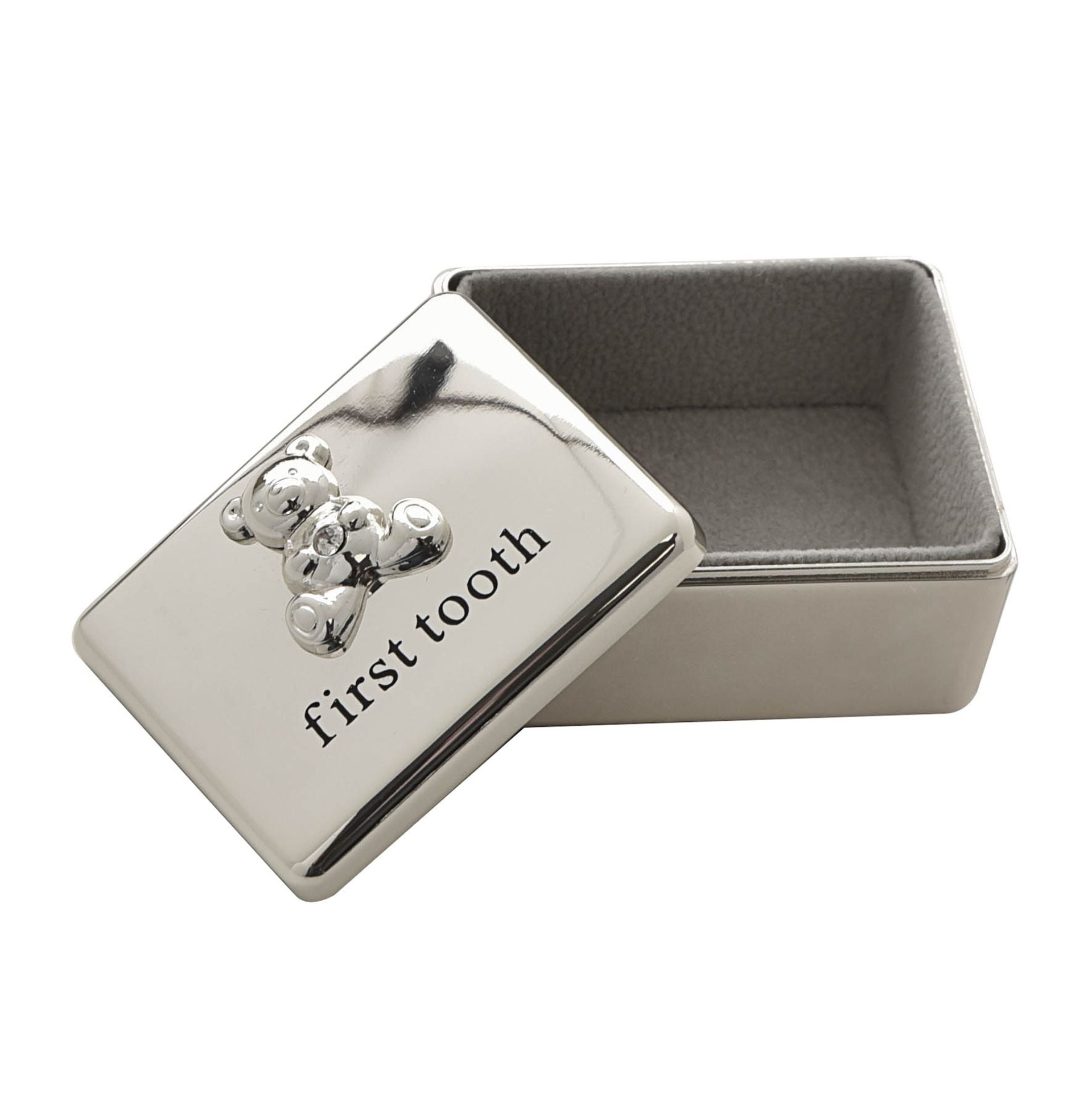 This beautiful design includes a crystal-set teddy bear icon upon the lid, and features a smooth finish with ‘First Tooth’ engraving