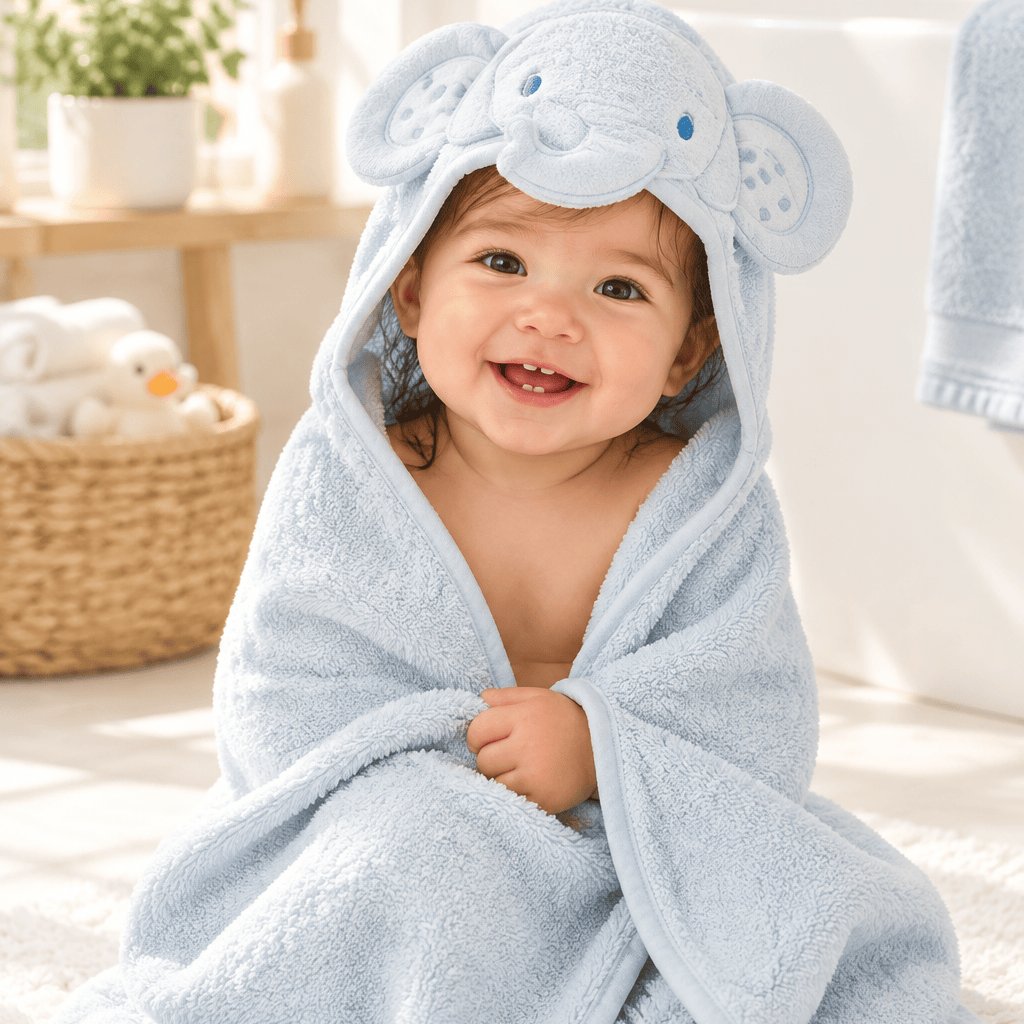 Sky blue full-colour 3D elephant hooded baby towel in 100% cotton measuring 75 x 75 cm