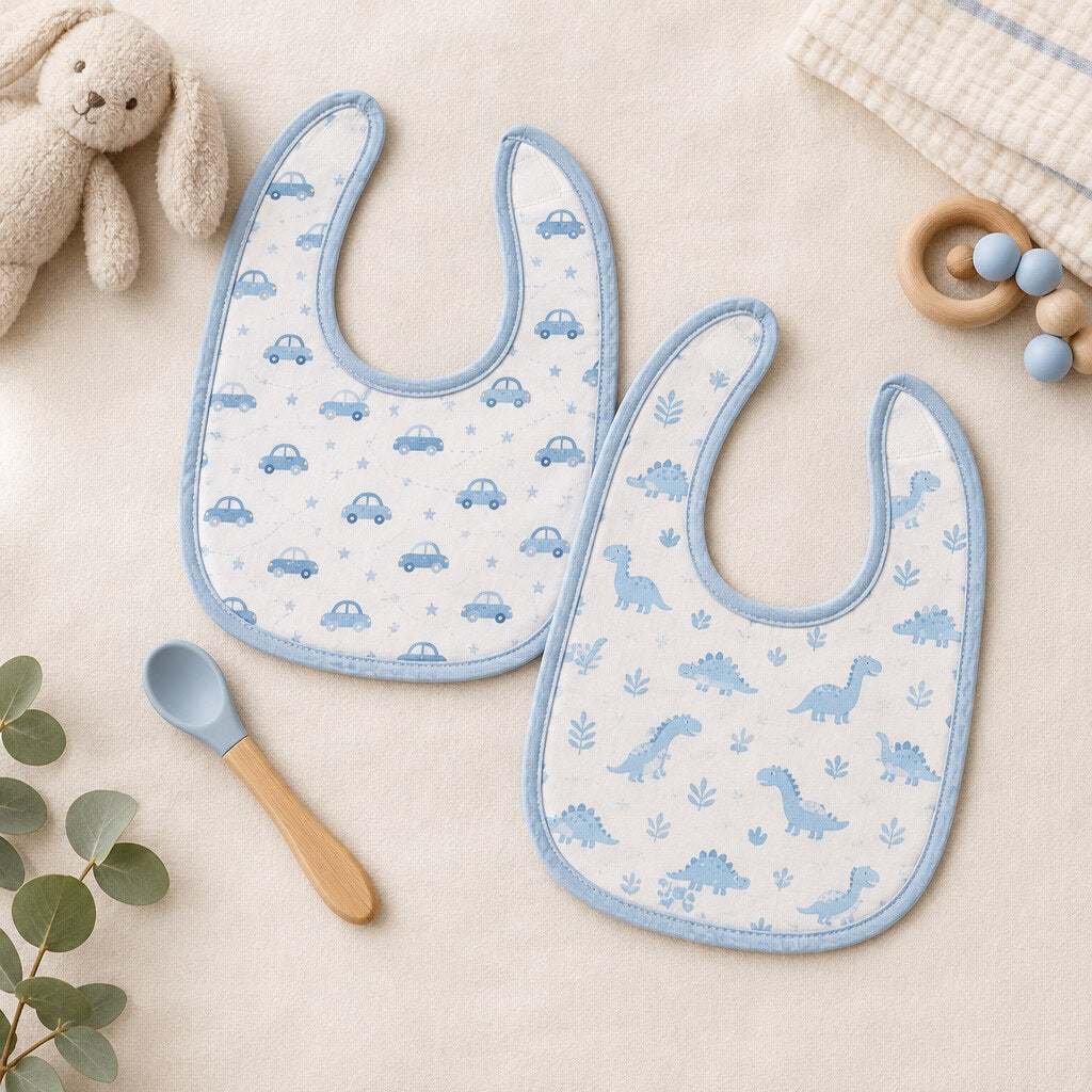 Sky blue baby feeding set with two bandana bibs and a spoon