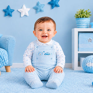 Sky blue car and teddy baby boys dungaree set