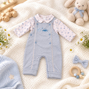 Sky blue baby dungaree set with car and teddy embroidery detail