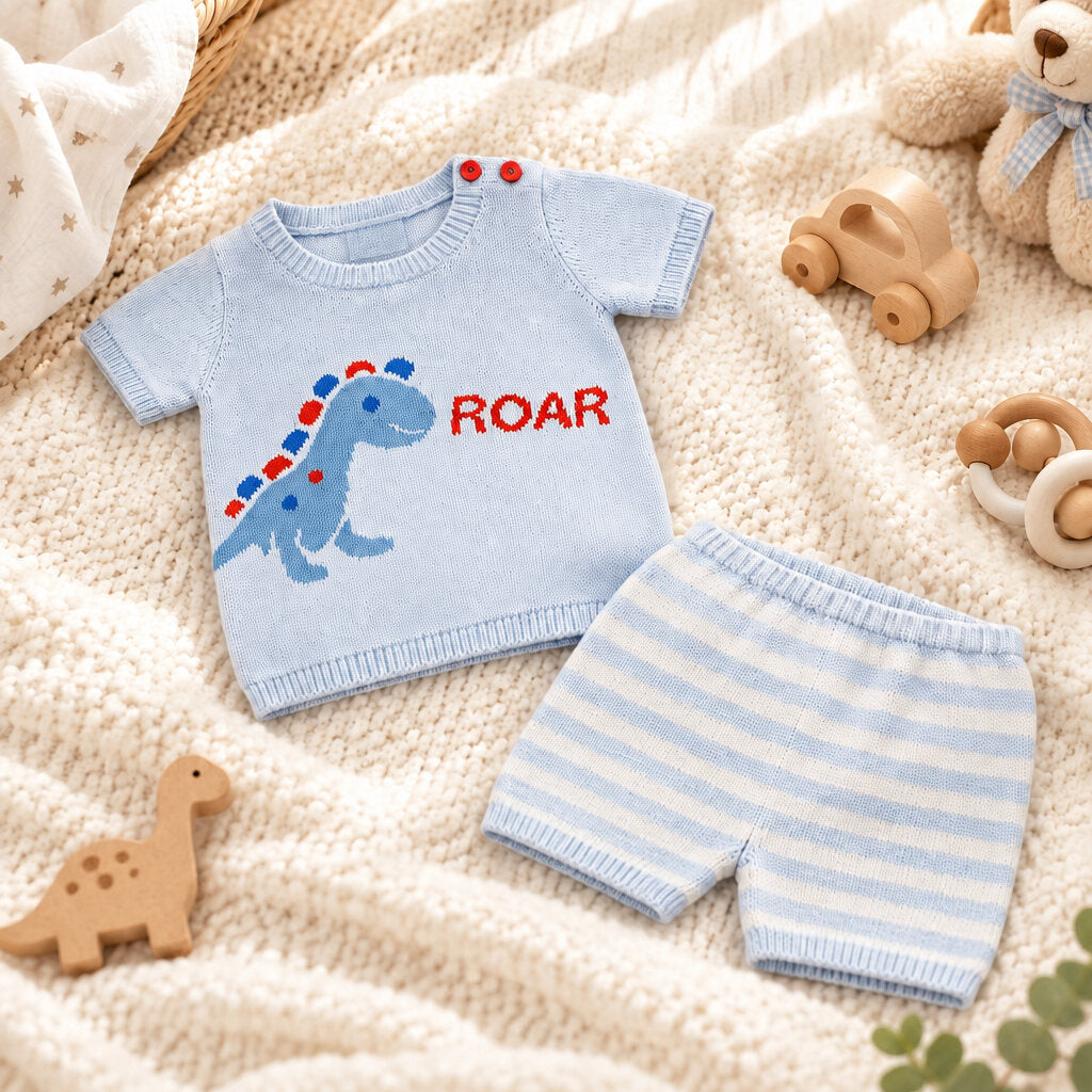 Sky blue 100% cotton knitted baby boy 2 piece dinosaur set