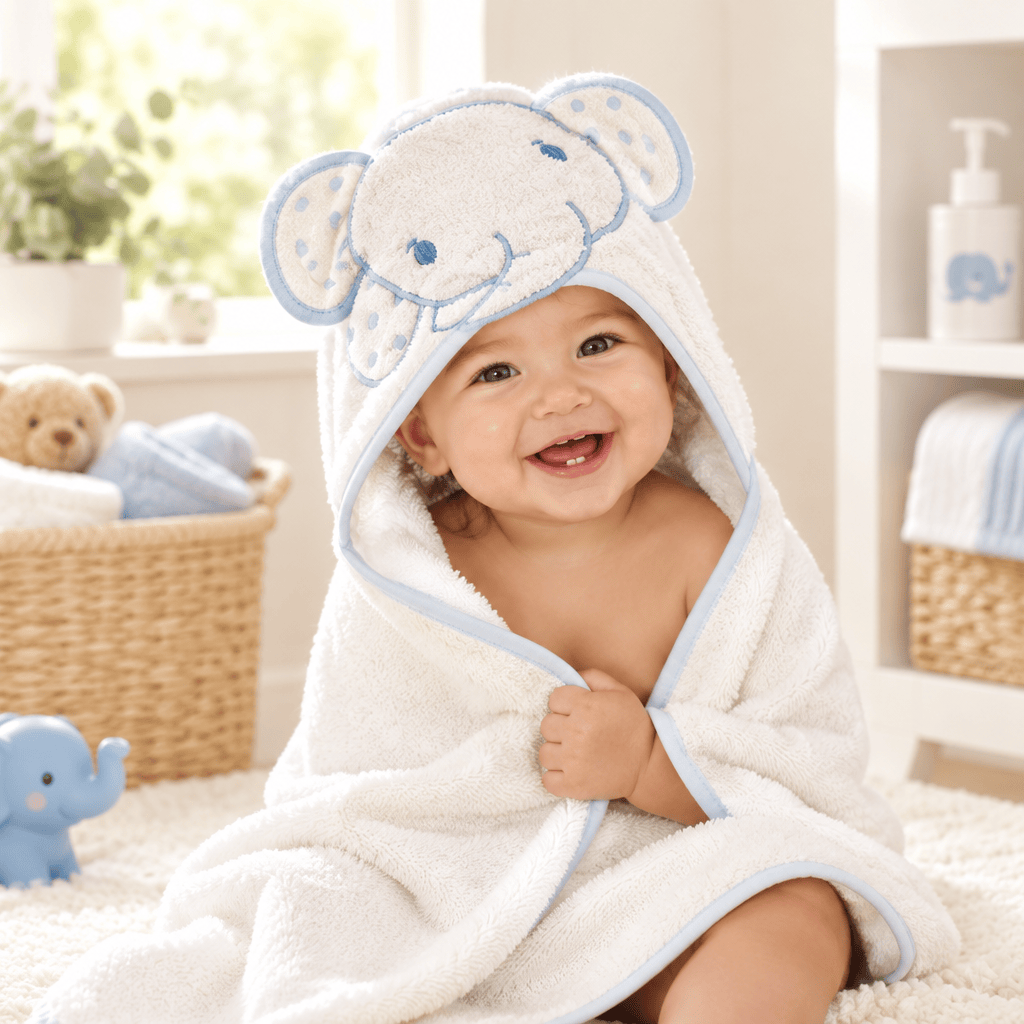 Sky blue 3D elephant hooded baby towel in 100% cotton measuring 75 x 75 cm