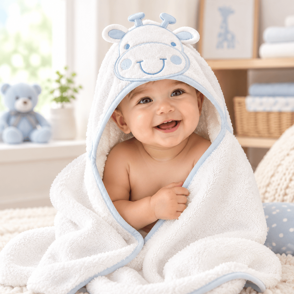 Sky blue and white 100% cotton hooded baby towel with 3D giraffe design