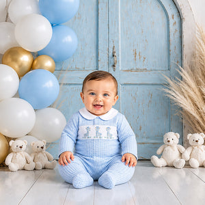 Sky blue giraffe smocked baby boys all-in-one