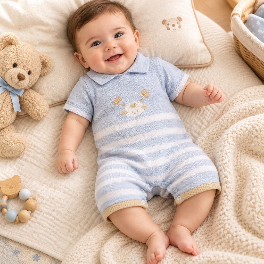 Sky blue knitted baby boy romper with teddy design in 100% cotton