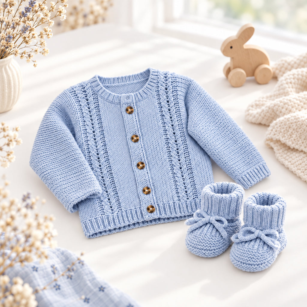 Sky blue knitted baby cardigan and matching booties set