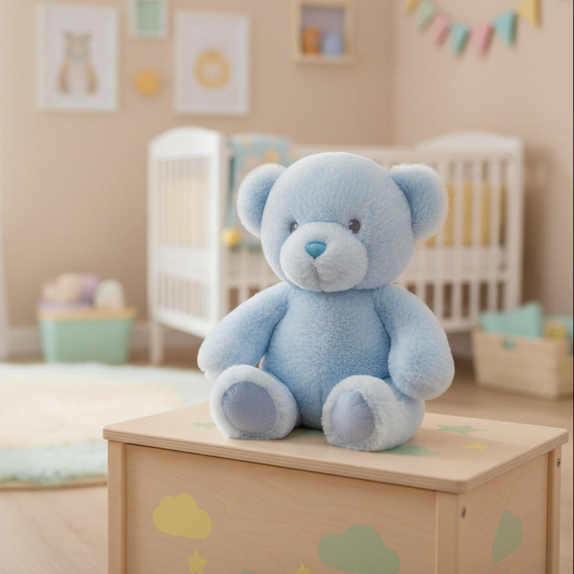 Soft sky blue teddy bear seated with plush texture and rounded ears, 25cm baby toy sitting in a nursery. 