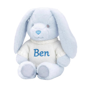 Eco-friendly sky bunny baby soft toy made from recycled polyester with soft blue plush fabric personalised with name