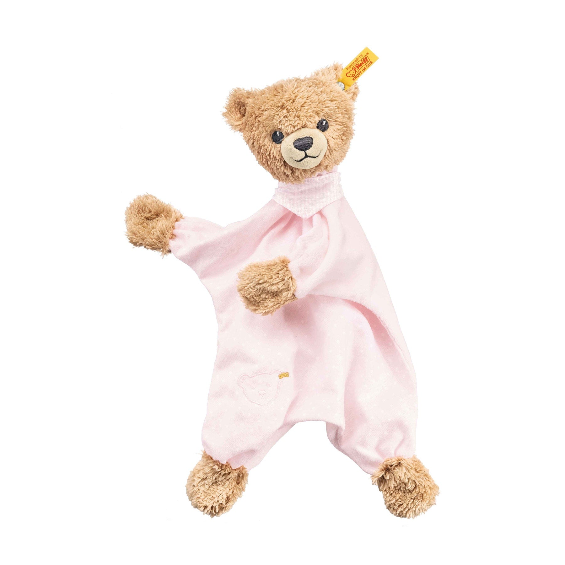 The Steiff Sleep Well Pink Bear Comforter is an indispensable companion for all newborn babies. The comforter absorbs the smells of home, giving baby a feeling of security