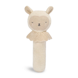 Knitted Sleepy Sheep organic cotton baby rattle toy in soft neutral tones with textured collar detail