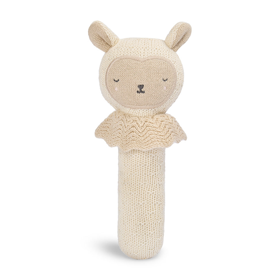 Knitted Sleepy Sheep organic cotton baby rattle toy in soft neutral tones with textured collar detail