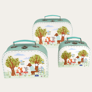 Baby keepsake storage suitcase with woodland print