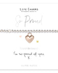 Silver plated beaded bracelet with a rose gold heart charm with the sentiment 'I'm so proud of you' on the card