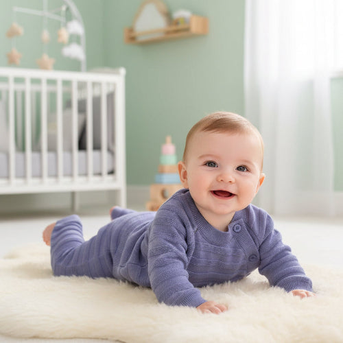 Soft blue knitted baby outfit with button fastening cardigan style top and matching trousers.