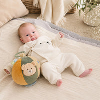 Soft green and beige baby activity ball soft toy
