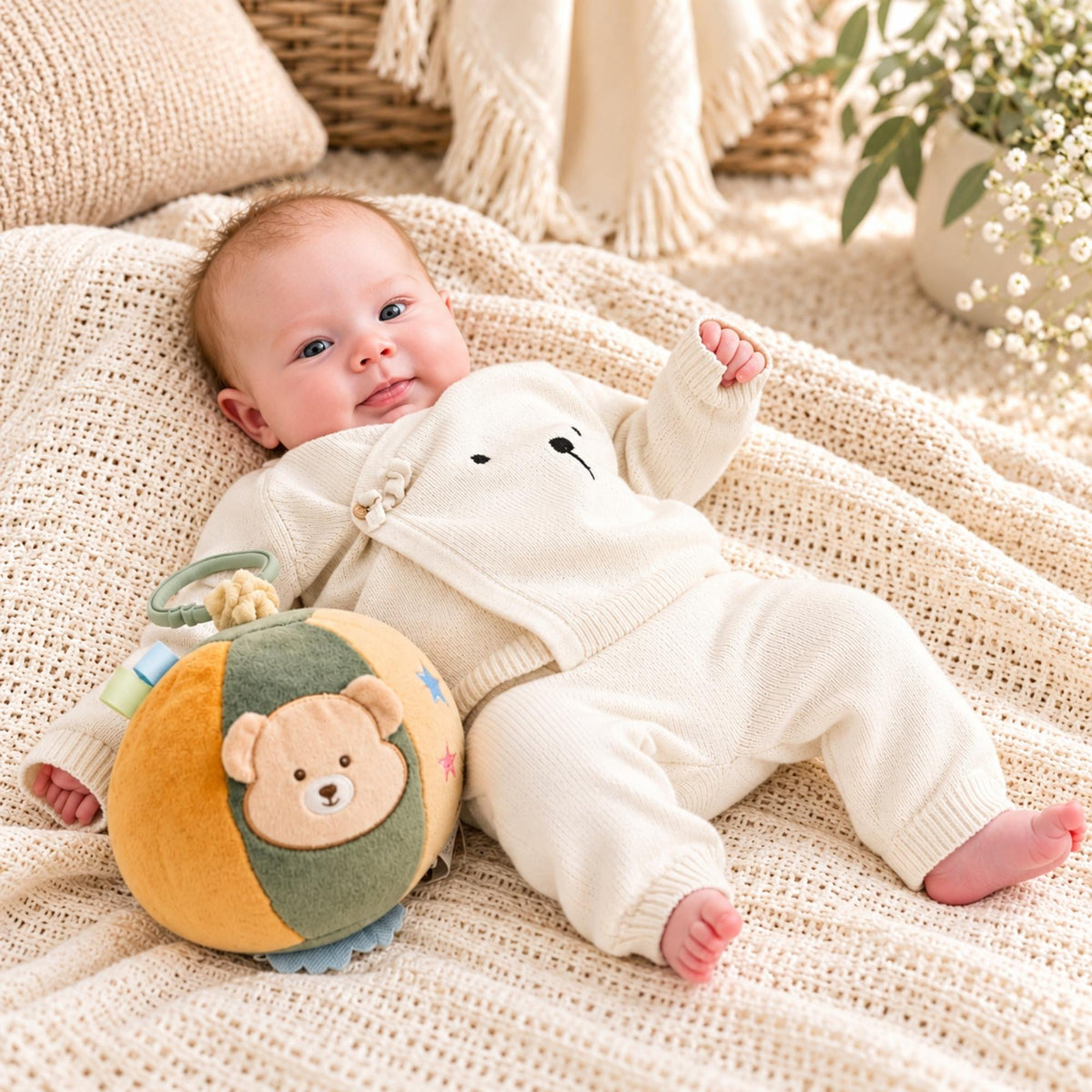 Soft green and beige baby activity ball soft toy