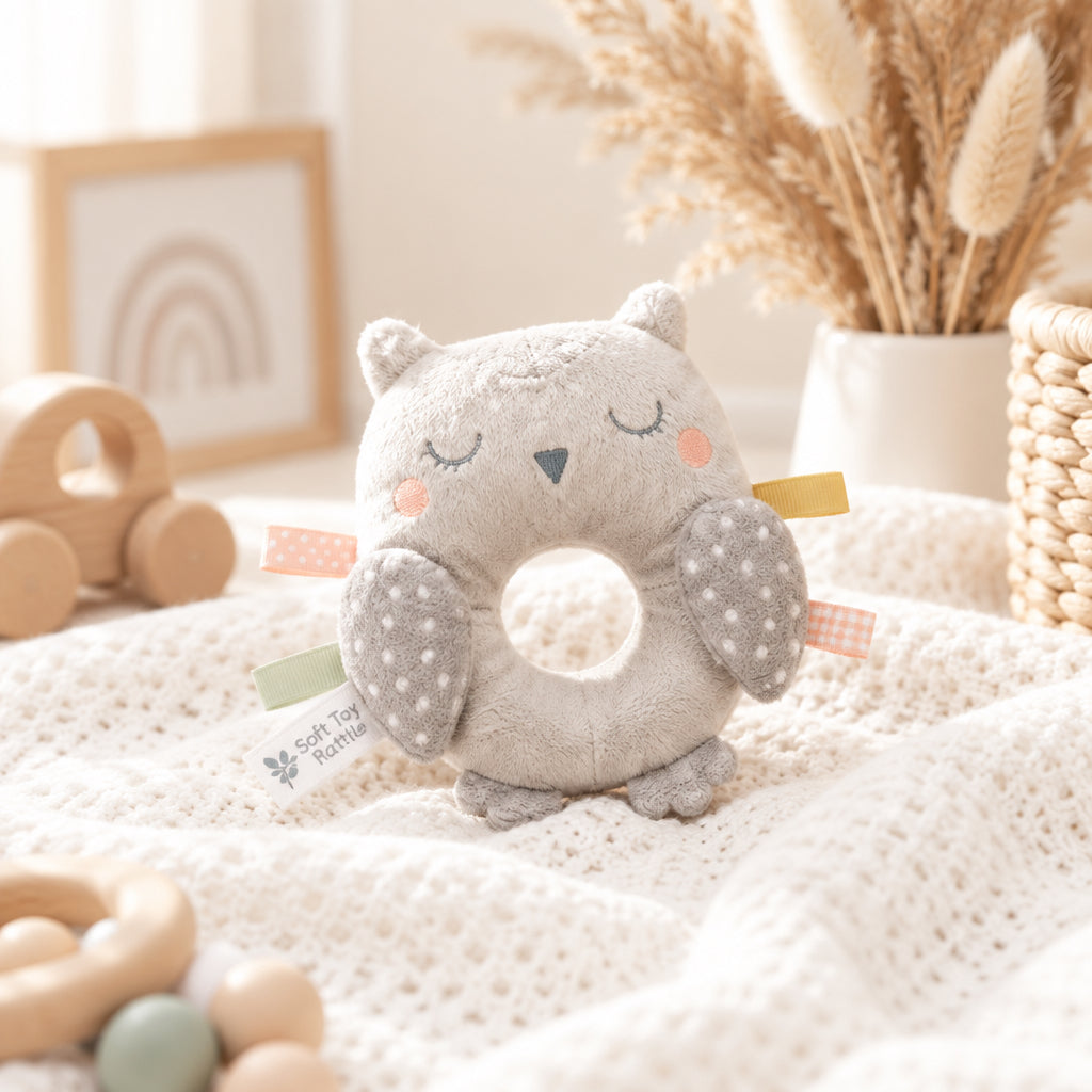 Grey plush owl baby ring rattle with closed embroidered eyes, dotted wings and coloured fabric tabs on a cream blanket.