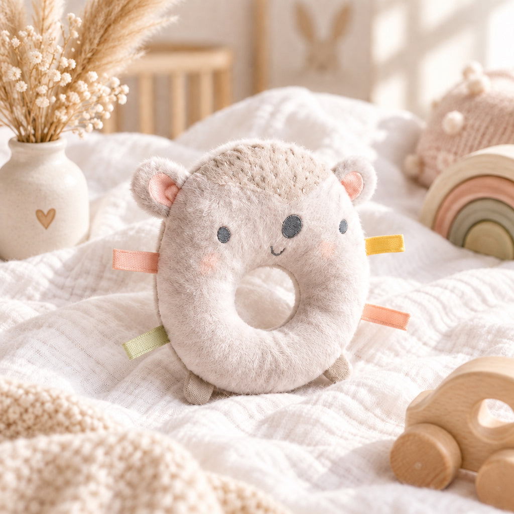 Plush hedgehog baby ring rattle with embroidered face and coloured fabric tabs, resting on a pale quilt in a nursery.