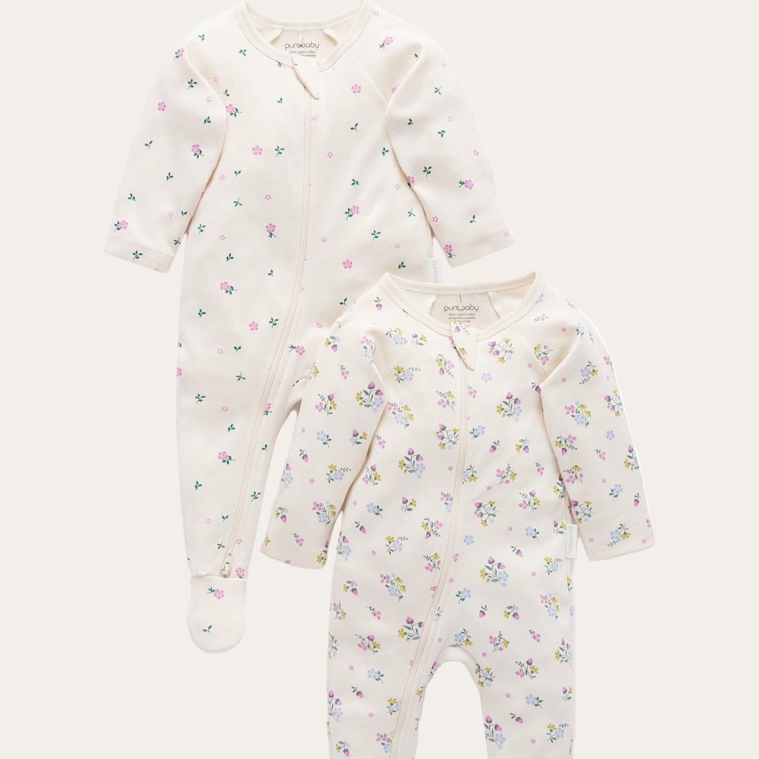 Soft zip-up baby girl outfits in cherry blossom prints