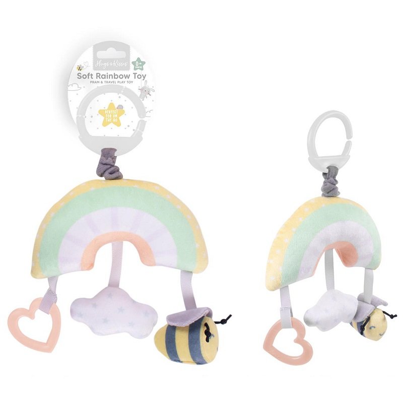 Hanging rainbow soft toy teether with dangling heart, cloud and bee