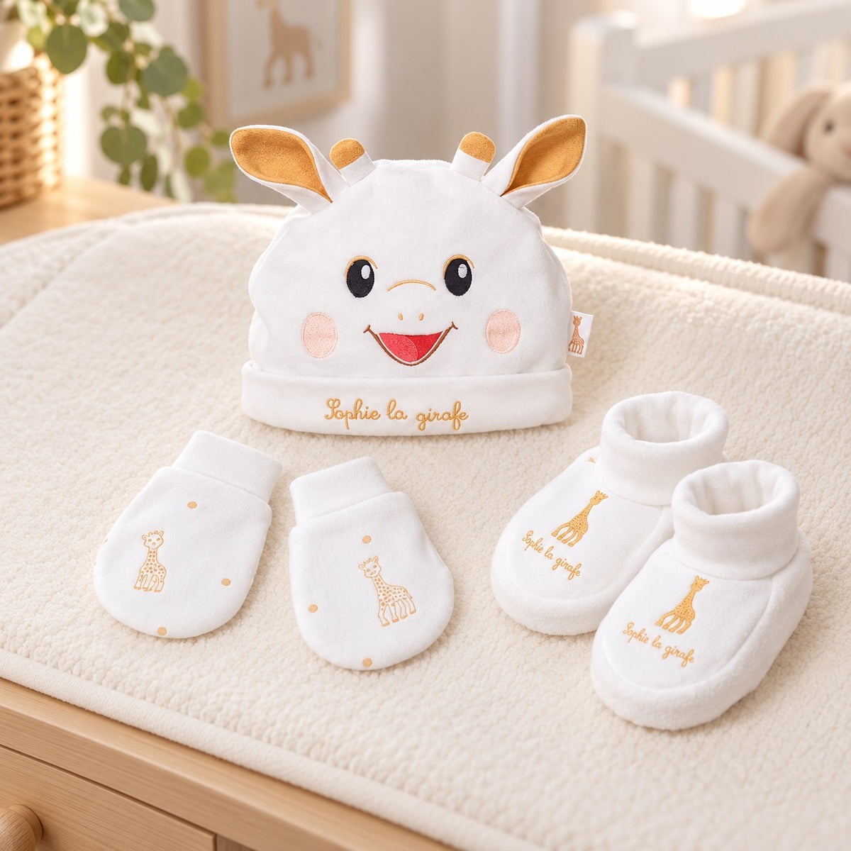 White Sophie la Girafe face hat with matching mittens and booties arranged on a nursery changing mat