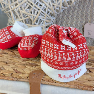 Red and white sophie la giraffe hat and booties set