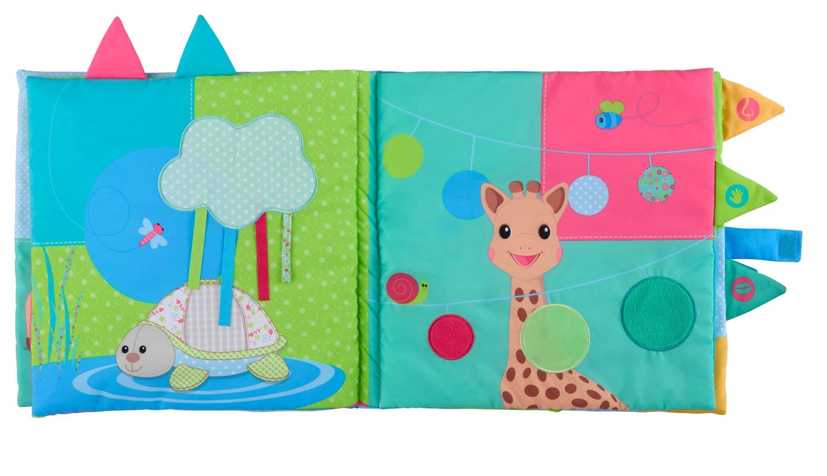 Open Sophie la Girafe Sensitive Book with a turtle, ribbon cloud, giraffe and three textured circles