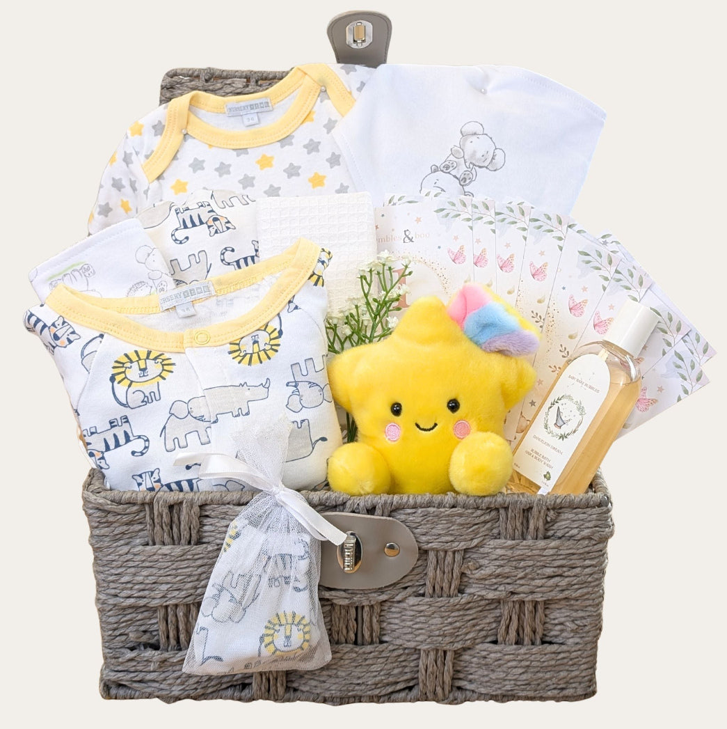 Baby gift basket with safari sleepsuit and clothes, plush star toy, muslin, bib and baby wash. Bumbles & Boo. 