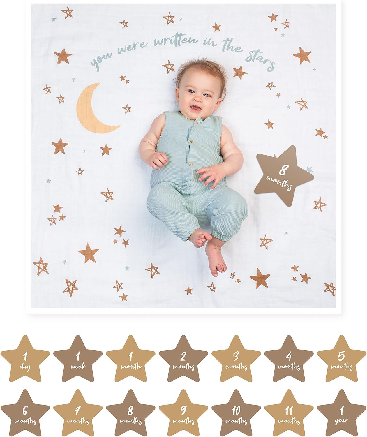 Gift set containing a white blanket with a starry design and 7 double-sided star milestone cards