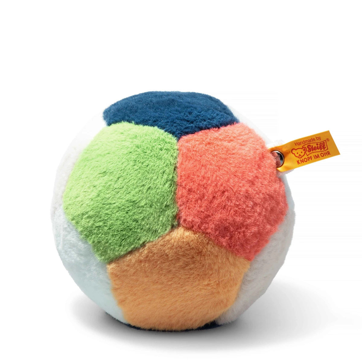 Colourful plush musical ball with a Steiff tag from the cuddly toys range