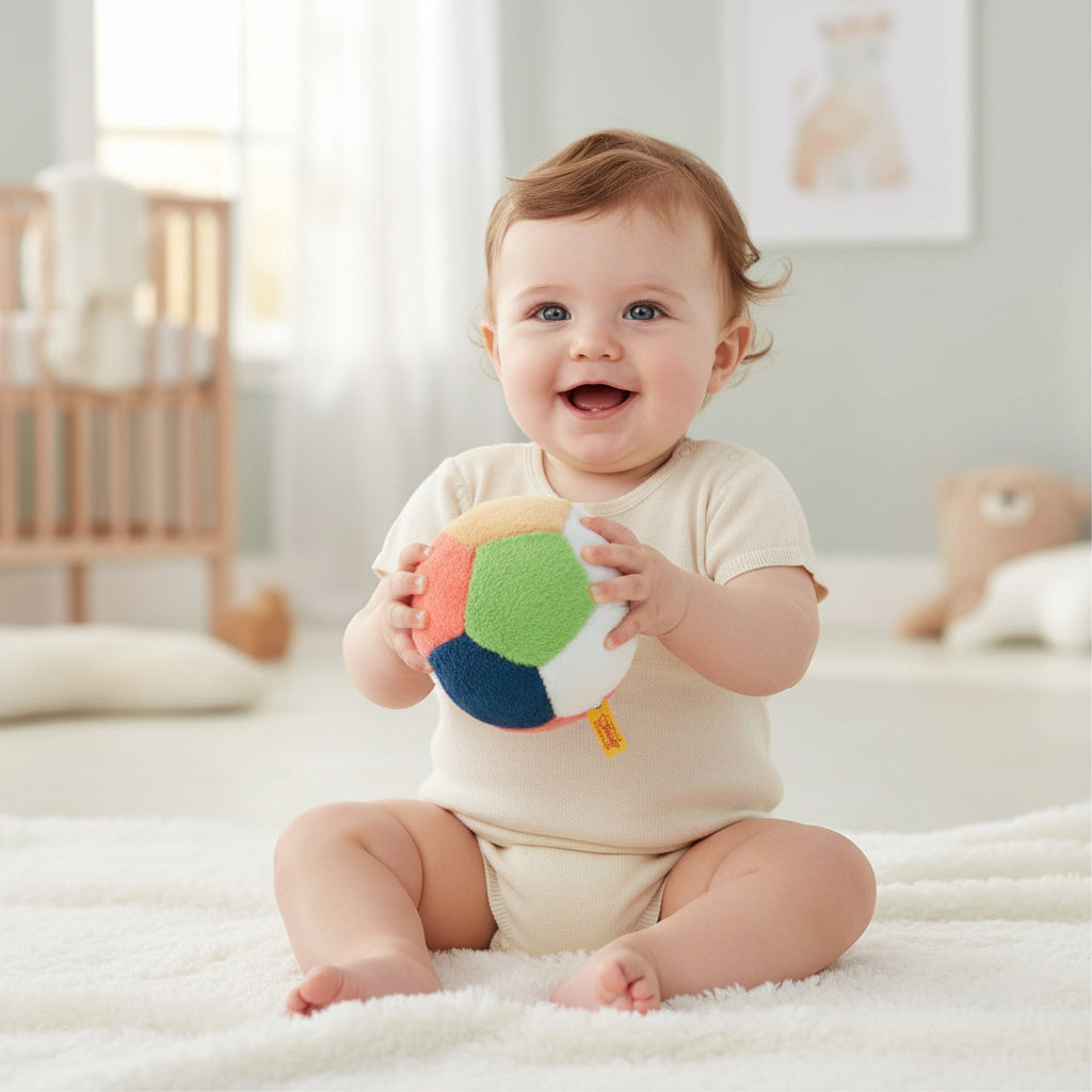 A smiling baby sitting on a white blanket in a bright nursery, holding a colorful soft fabric ball toy.