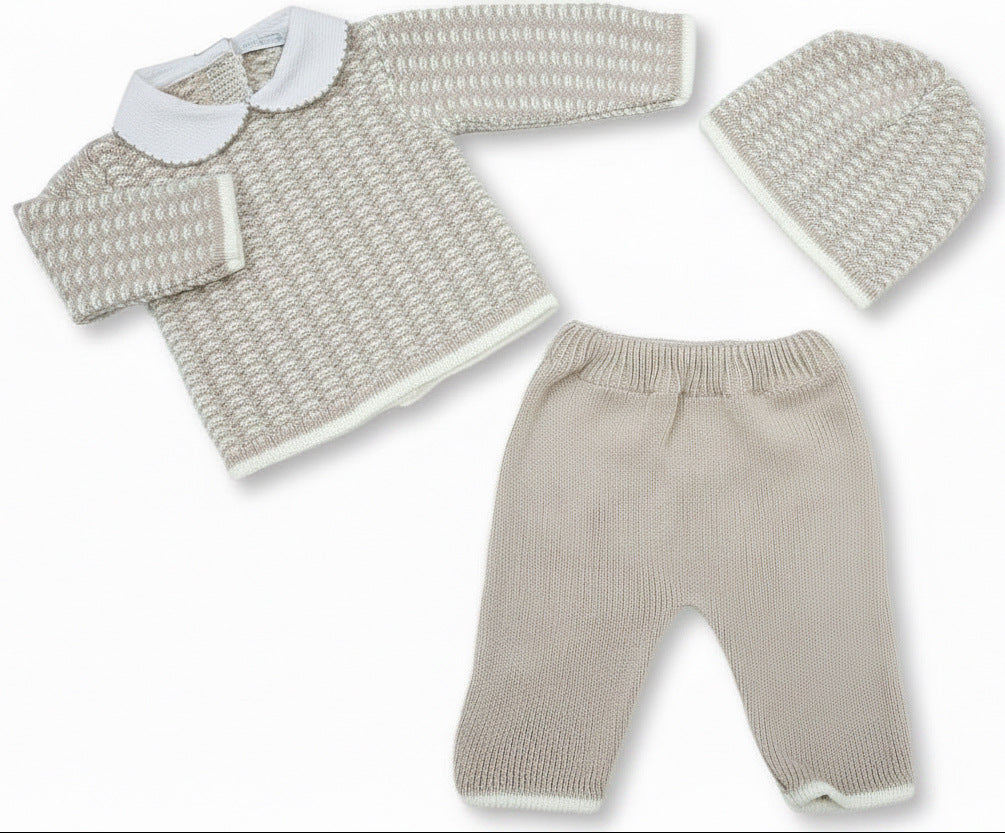 Stone knitted Baby Clothing Set with matching hat worn by a baby