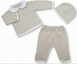 Stone knitted Baby Clothing Set with matching hat worn by a baby