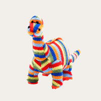 Rainbow Striped Knitted Diplodocus Dinosaur Rattle - Recycled Rattle.