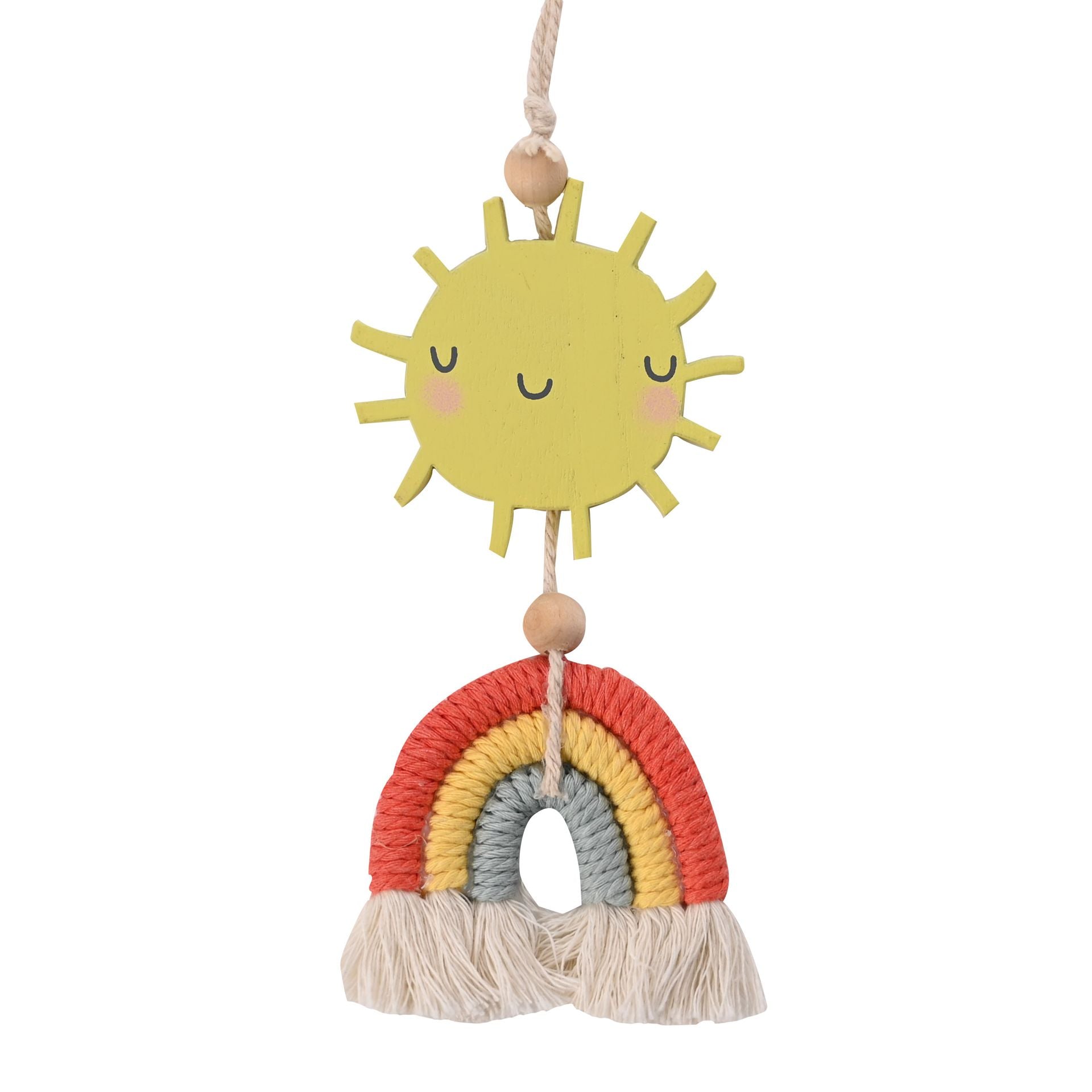 Bright and friendly baby plaque with a smiling sun above a colourful rainbow
