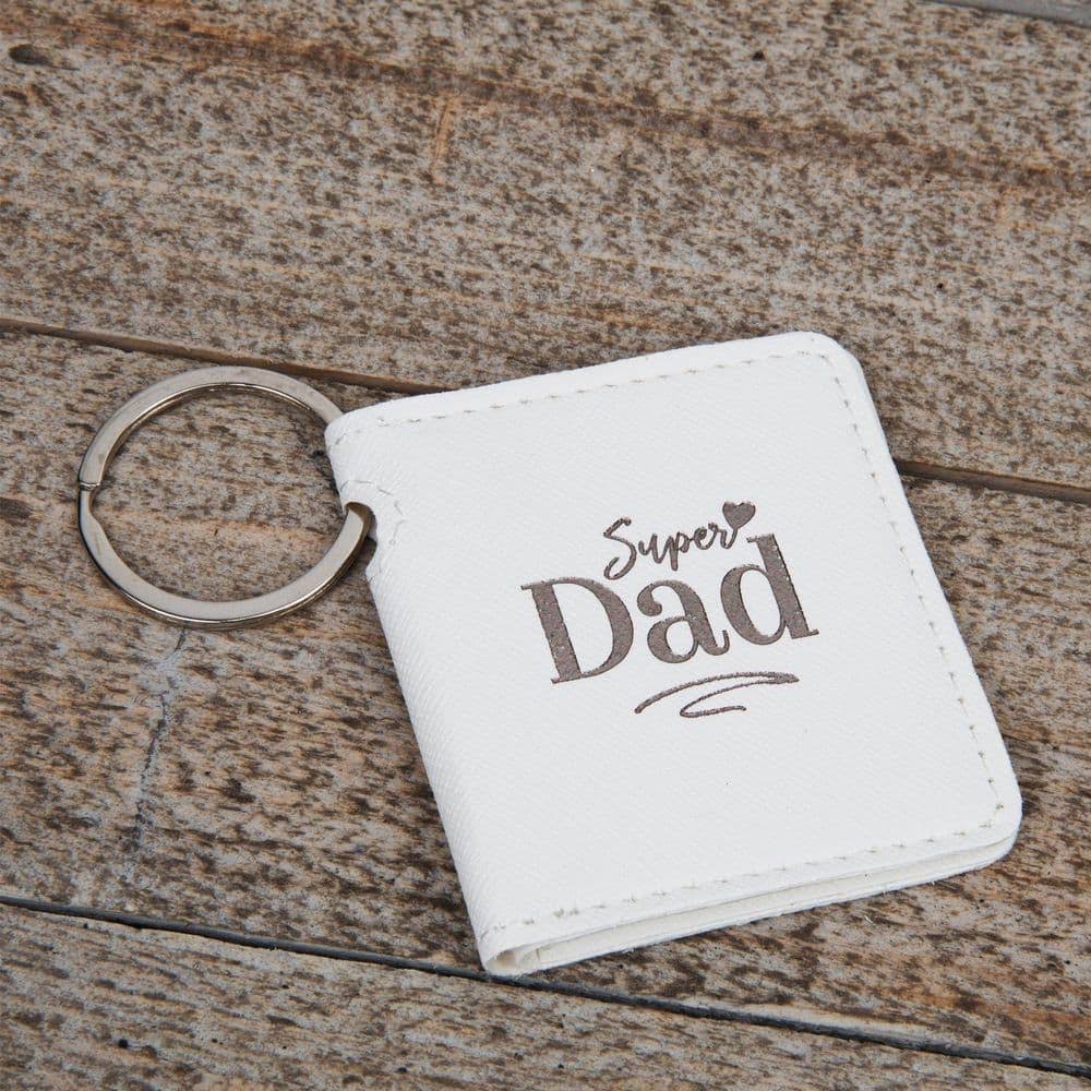 White faux leather Super Dad photo frame keyring with silver foil wording